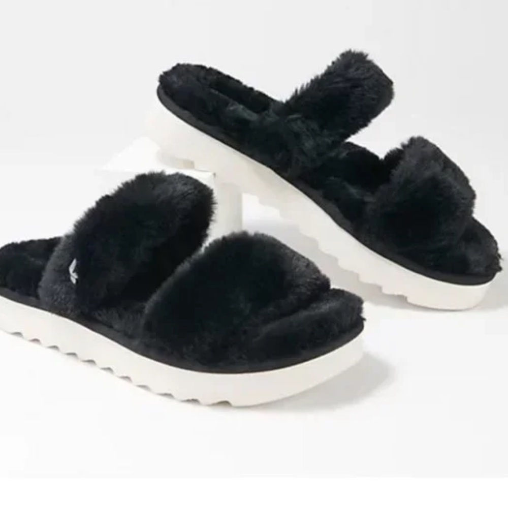 Koolaburra by Ugg Faux Fur Slide Sandals Fuzz On in Black